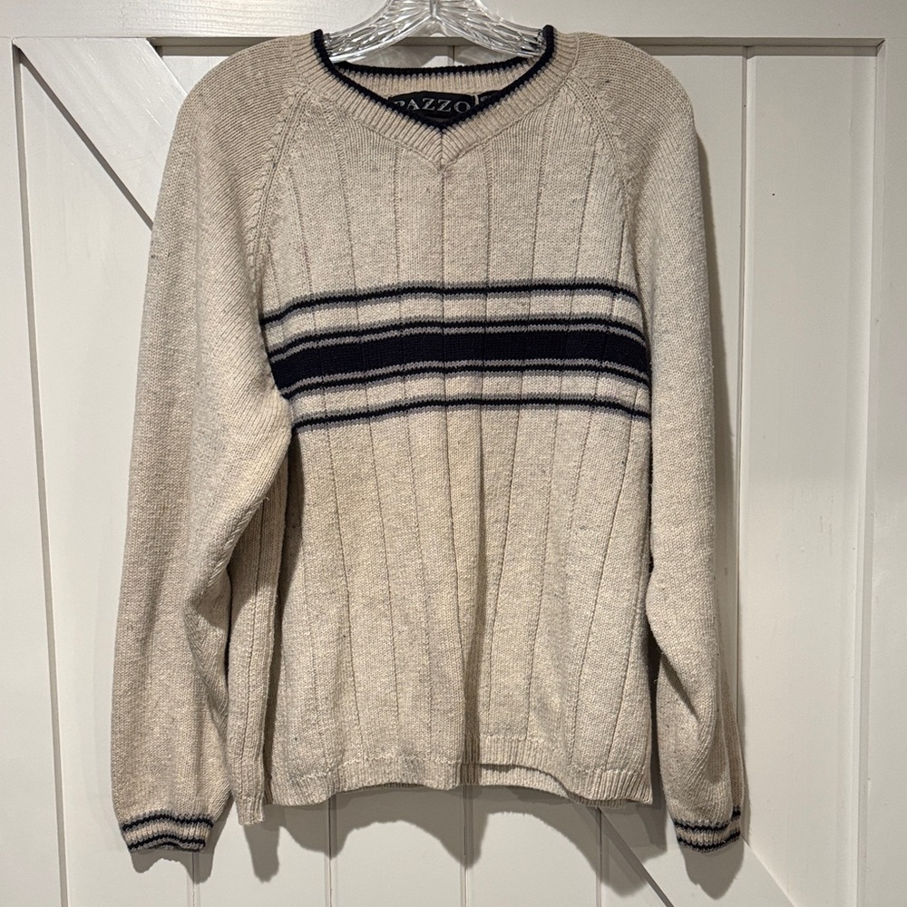 PAZZO Beige V-Neck Sweater with Dark Stripes